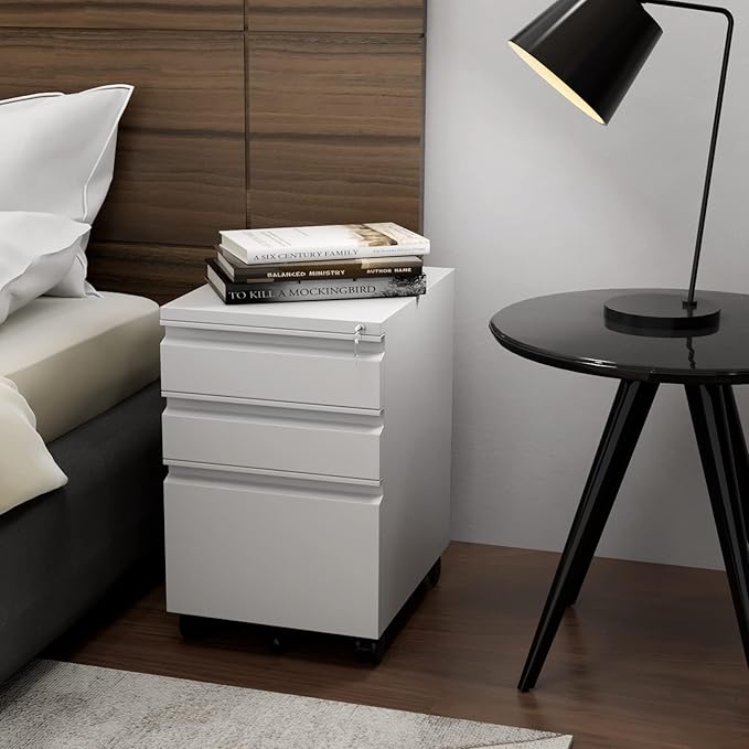 3 Drawer File Cabinet with Wheels, Metal Filing Cabinet with Lock, Office Rolling File Cabinets for A4/Legal/Letter Size, Assembly Required, White