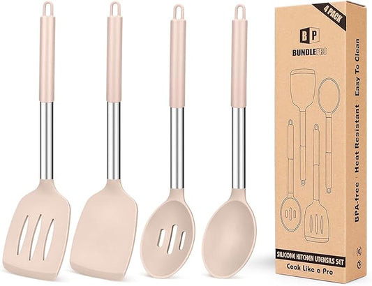 Pack of 4 Silicone Cooking Utensils Set, Non Stick Large Solid Spatulas, Heat Resistant Stainless Steel Khaki Slotted Spoons, Ideal BPA Free Kitchen Turners for Frying, Mixing,Serving,Draining,Turning