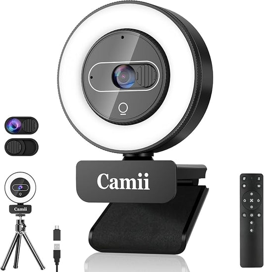 4K Webcam with Light, HD Webcam for PC with Remote Control, Built-in Privacy Cover, Adjustable Brightness, Noise Reduction Mics, for Zoom Skype Teams Laptop and Google Meet