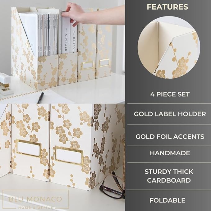 BLU MONACO Decorative Foldable Magazine Storage Boxes for Desk – Set of 4 with Gold Floral Pattern & Gold Label Holder – Ideal for Book Organization & Vertical File Storage