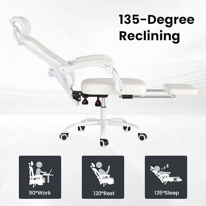 Farini Ergonomic Office Chair with Footrest, Mesh Office Desk Chair with Headrest, High Back Computer Chair with Adjustable Lumbar Support for Home Office Study Room Bedroom, White & Beige