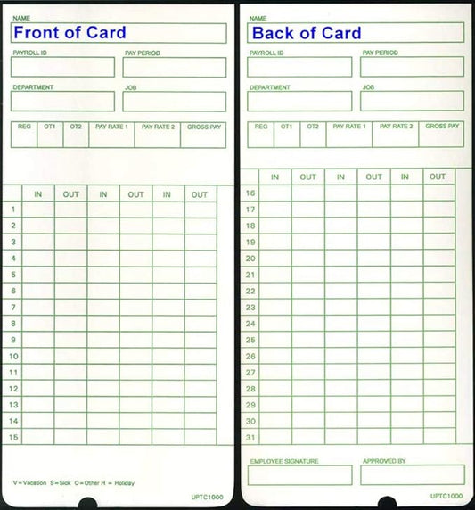 300 Time Cards for uPunch HN3000 AutoAlign Time Clock (uPTC1000-1 fits HN1000, HN1500, HN3000, HN3500, HN3540, UB1000) Non-Calculating Compatible