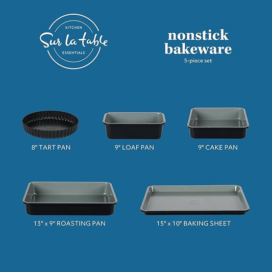 Sur La Table Kitchen Essential Carbon Steel Baking Pans Bakeware Set W/Premium PFOA, PFAS, PTFE Free Grey Nonstick Interior - Black Exterior