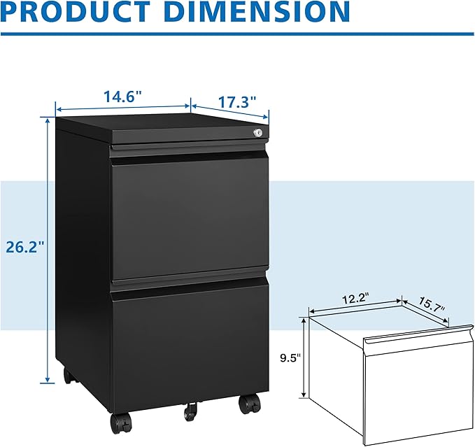2 Drawers File Cabinet with Lock Metal Vertical File Cabient with Wheels Mobile File Cabinet for Office Home Legal/Letter/a4 Size Fully Assembled