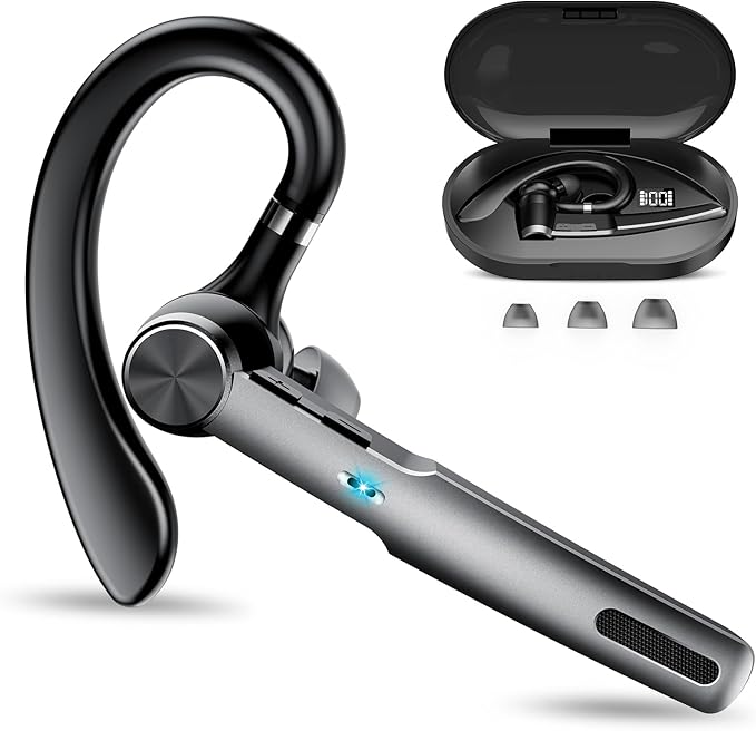 Bluetooth Headset, Wireless Headset with ENC Mic, 60H Talking Time Single-Ear Bluetooth Earpiece V5.3 with Large Charging Case, IP7 Waterproof Hand-Free Headphones for IOS Android Cellphones Black
