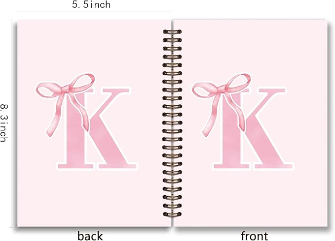 Coquette Trendy Preppy Pink Bow Spiral Notebook,Initial K Journal Personalized Teen Girl Gifts,Monogrammed Gifts for Women Teen Girl,College Ruled Hardcover Spiral Notebook 5.5 x 8.3