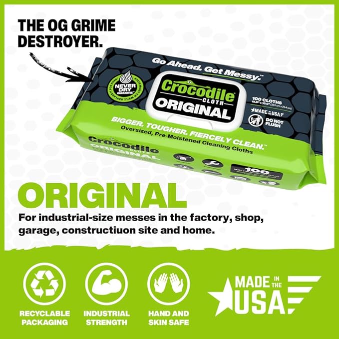 Crocodile Cloth Original Cleaning Wipes – 50 (15” x 10”) Hand & Tool Industrial Cleaning Wipes – Large Multi-Surface Cleaning Cloths, Water-Based Solution with Extreme Cleaning Power — Safe on Skin