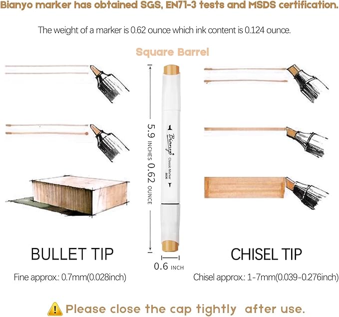 Bianyo Skin Tone Alcohol Markers, Set of 12, Dual Tip Bullet & Chisel Art Marker Set for Coloring, Drawing, Sketching, Outlining, Highlighting, Designing