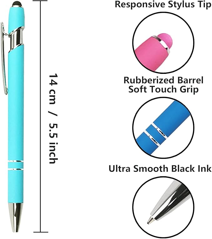 Ballpoint Pen with Stylus Tip, Soft Touch Click Metal Pen, 1.0mm Medium Point, Black Ink, 12 Count(Light Blue)