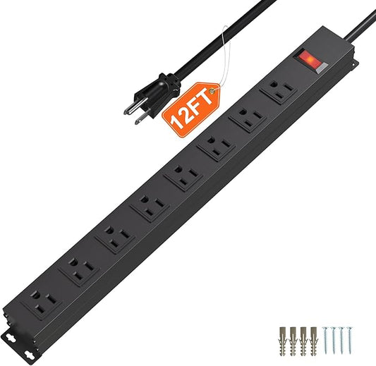 8 Outlets Metal Heavy Duty Power Strip with 12 Ft 14AWG Power Cord,Wide Spaced Outlets,Wall Mount Long Power Strip for Commercial,Industrial,School,Garage,Home,15A 125V 1875W,Black (12FT)