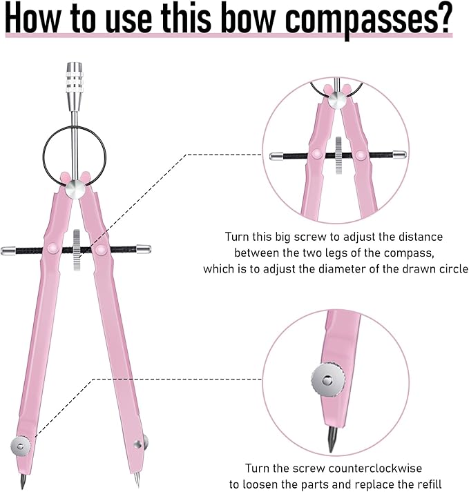 EBOOT Student Geometry Math Set, Drawing Compass and 6 Inch Clear Swing Arm Protractors 180 Degree Math Protractor (Pink)