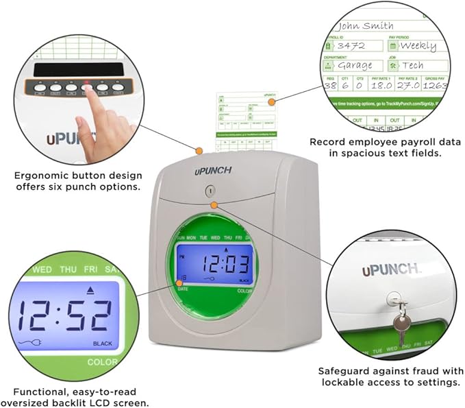 uPunch HN3500 Advanced Time Clock Bundle for Small Business: Complete Employee Time Tracking System with 100 Time Cards, 2 Racks, 2 Ribbons, and 6 Keys