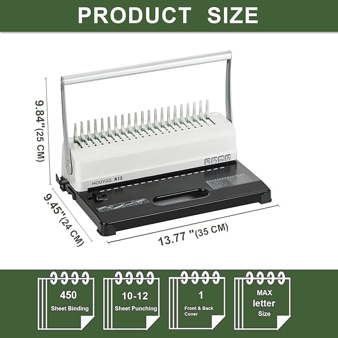HOUYEE Manual Comb Binding Machine,19 Holes, 450 Sheets,Paper Punch Comb Binder Machine with 50 PCS 1/2" Comb Binding Spines, Fit for Letter Size Paper