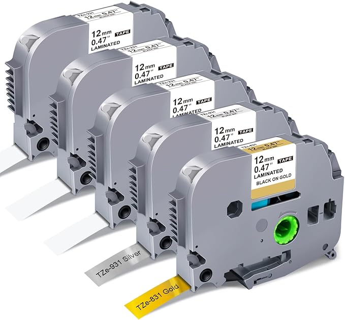 5-Pack Label Maker Tape 12mm 0.47 Inch Laminated White/Gold/Silver Muti-Color Replace for Brother TZe TZ Tape TZe-231 TZe-831 TZe-931 Compatible with Brother P-Touch PT- D210 D220 H110 D400AD