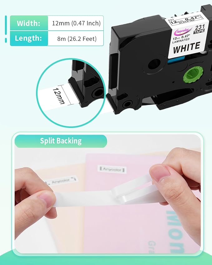 Anycolor 6 Pack Compatible with Brother P Touch 12mm 0.47 Inch Laminated TZ Label Maker Tape TZe TZ Label Tape for Brother Ptouch PT-D220 PT-D210 PT-H110 D410 D600, White/Silver/Red/Blue/Yellow/Green