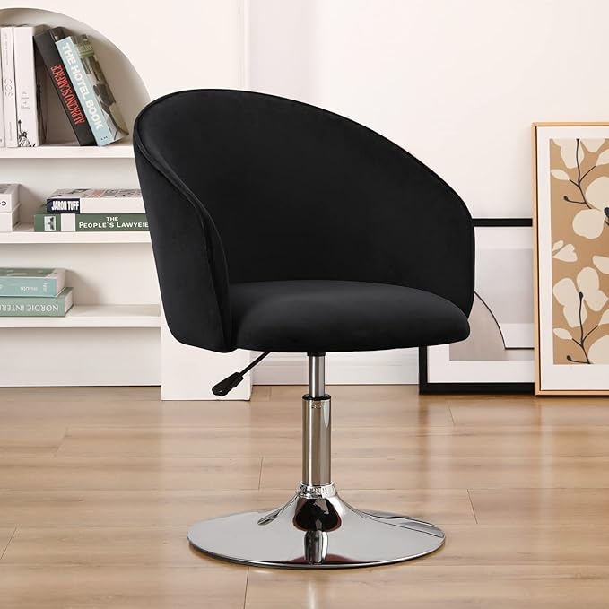 Furnimart Black Velvet Adjustable Height Vanity Chair, Swivel Makeup Chair for Living Room, Bedroom, Dressing Room