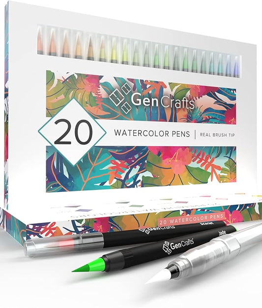 GenCrafts Watercolor Brush Pens Set of 20 Premium Colors - Real Brush Tips - No Mess Storage Case - Washable Nontoxic Markers - Portable Painting