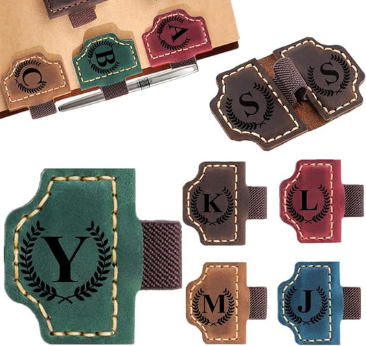 Custom Bookmark with Pen Holder with 26 Letters Personalized Magnetic Leather Book Mark, Customized Name Book Marker Clip with Initial for Men Women, Gifts for Book Lovers, Readers, (Green, Y)