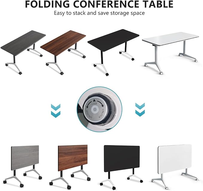 Conference Room Table, Folding Conference Tables,Thicken Grey Tabletop,Flip Top Wooden Seminar Meeting Room Table for Conference Room Offices (2, Black Drawer, 55.1”)