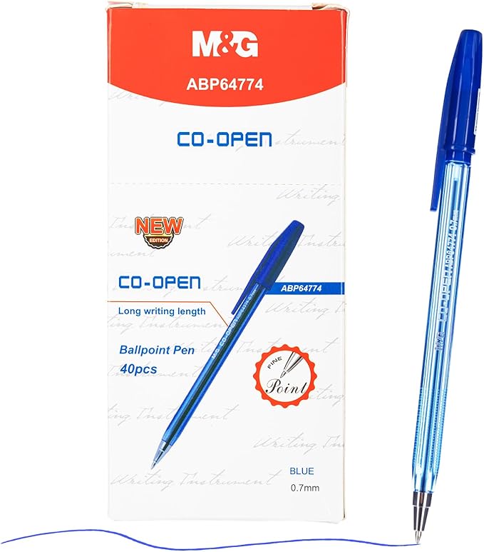 M&G Ballpoint Pens, Blue Ink Ballpoint Pens Fine Point 0.7mm, Ball Point Pens Bulk Smooth Writing with Anti-Slip Grip & Plug-In Cover for Journaling Office Supplies School Women Men (40 Pack)