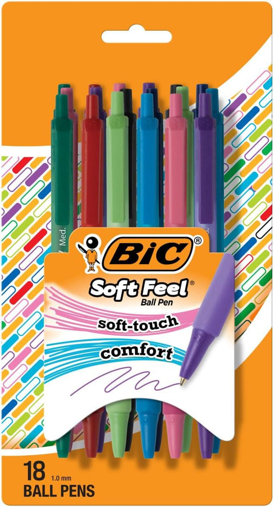 BIC Soft Feel Retractable Ballpoint Pen with 1.0 mm Medium Point and Comfortable Grip, 18-Count in Assorted Ink Colors