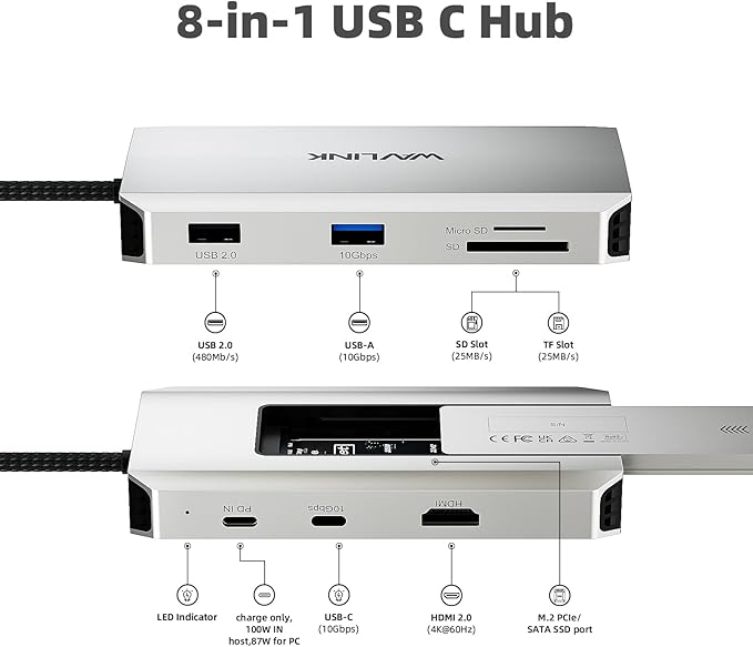 WAVLINK USB-C Hub, 10Gbps USB-C Hub with M.2 PCIe/SATA SSD Port, HDMI, 100W PD, USB-A&C 3.2/2.0, SD&TF Compatible with MacBook/Chromebook/Dell/HP/Lenovo
