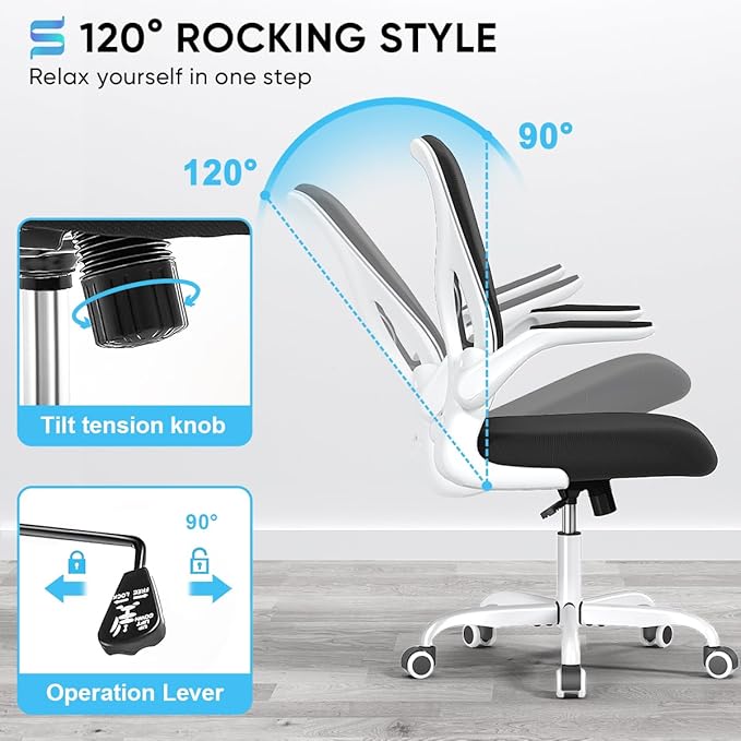 Sytas Ergonomic Desk Chair with Padded Flip up Arms and Supportive Lumbar Support, Breathable Mesh Home Office Chair with Comfortable Cushion for Home or Office(White)
