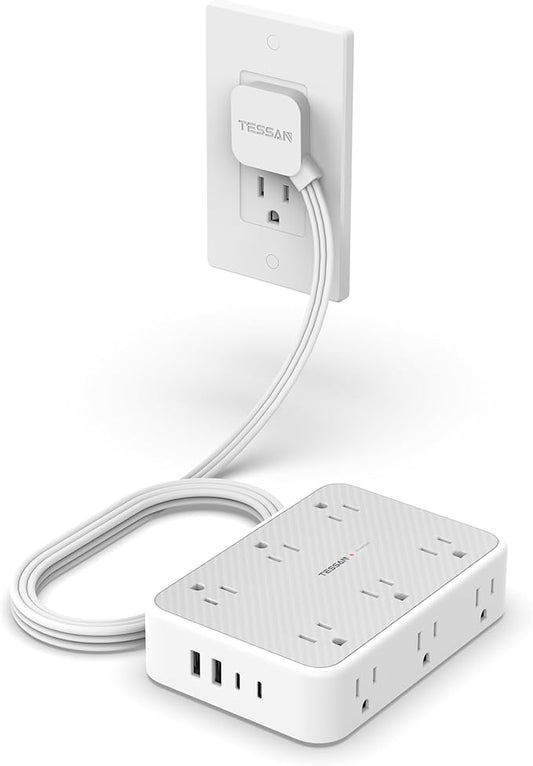 Surge Protector Power Strip, TESSAN 5FT Flat Extension Cord with Multiple Outlets, 12 Outlet Extender with 4 USB (2 USB-C), Flat Plug Power Strip, 1800J Surge Protection, Office, Dorm Essentials