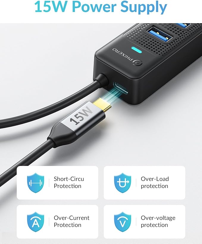 PHIXERO 7 Port USB Hub, 3.3FT/1M Long Cable USB 3.0 Hub Multi USB Port Hub Adapter Extension USB Splitter USB Hub for PC, Compatible with All USB 3.0/2.0/1.1 Device