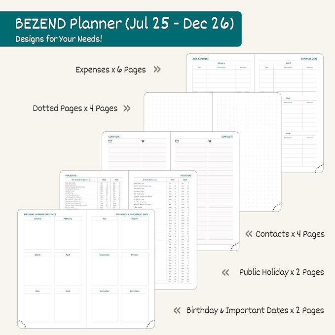 BEZEND Pocket Planner 2025-2026 Weekly with 2 Columns, 18-Month Academic Calendar (Jul 25-Dec 26), Life Work Appointment, Storage Pocket, Pen Holder, PU Leather Hardcover 3.5" x 6" - Mustard