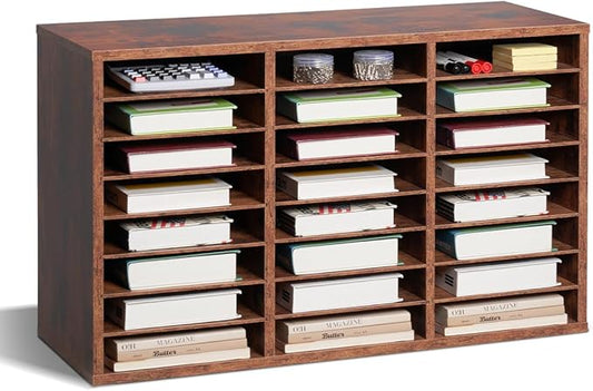 VEVOR Literature Organizer, 24 Compartments Office Mailbox with Removable Shelves, Wooden Mailbox Sorter Particle Board Office Home Classroom Storage, File Sorter for Documents, Papers, Retro Brown