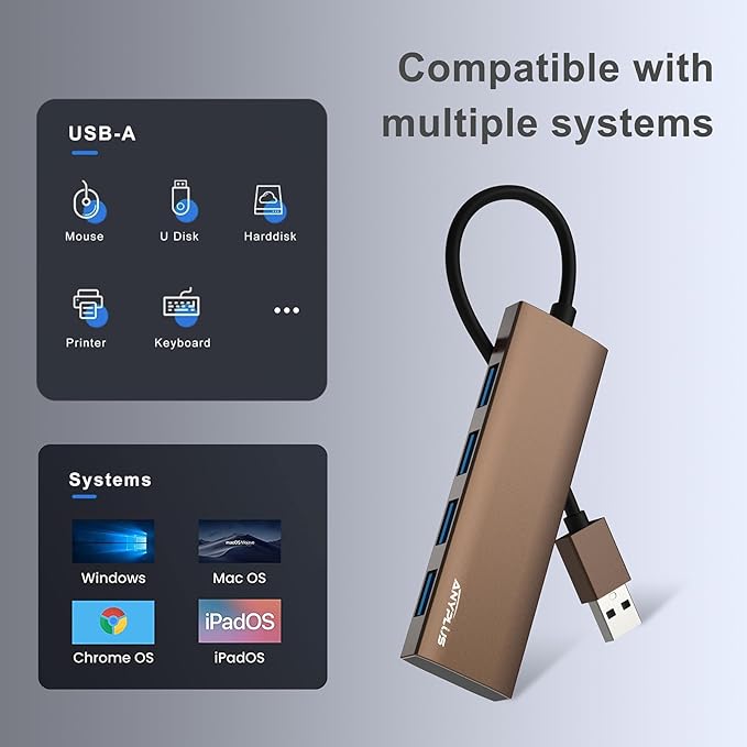 USB Hub, USB 3.0 Hub Aluminum Alloy Ultra Slim USB Splitter, Portable 4 Port USB Extender, USB Hub for Laptop, PC, MacBook, iMac, Surface Pro, Mac Pro, Flash Drive, XPS【Brown】