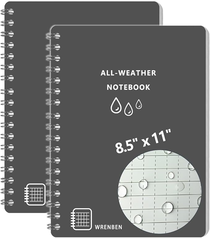 2PCS Waterproof Stone Paper Spiral Notebooks 8.5 x11 with Weatherproof 200 Pages / 100 Sheets and All-Weather PVC Cover Weatherproof Pape Per One (A4, Grey)