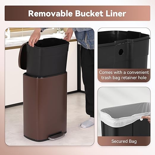 PayLessHere Stainless Steel Trash Can with Lid - Removable Inner Bucket, Foot Pedal Soft Close for Office, Home, Kitchen Garbage Bin (Brown, 13 G)