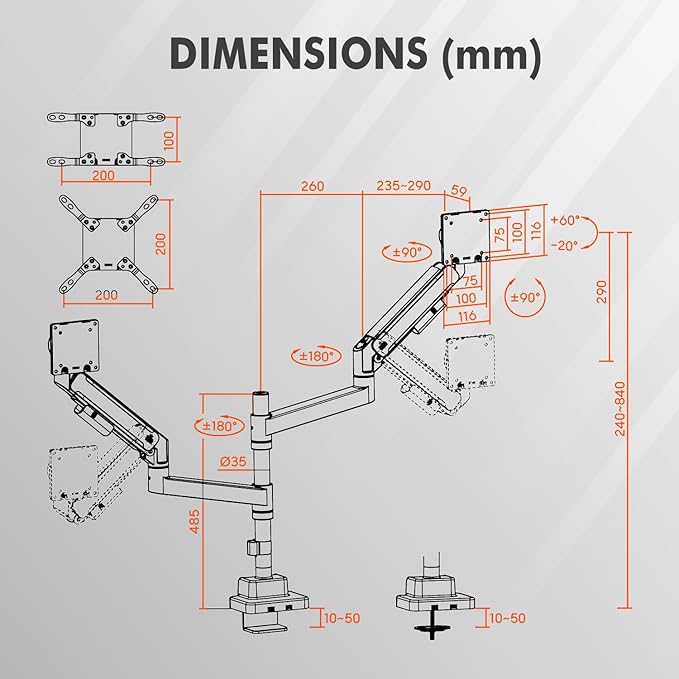 Dual Monitor Arm for 17-57 Inch Ultrawide Screens – Heavy Duty Monitor Arm Desk Mount – VESA Mount with Clamp and Grommet Base – Holds Up to 59.4 lbs. Each