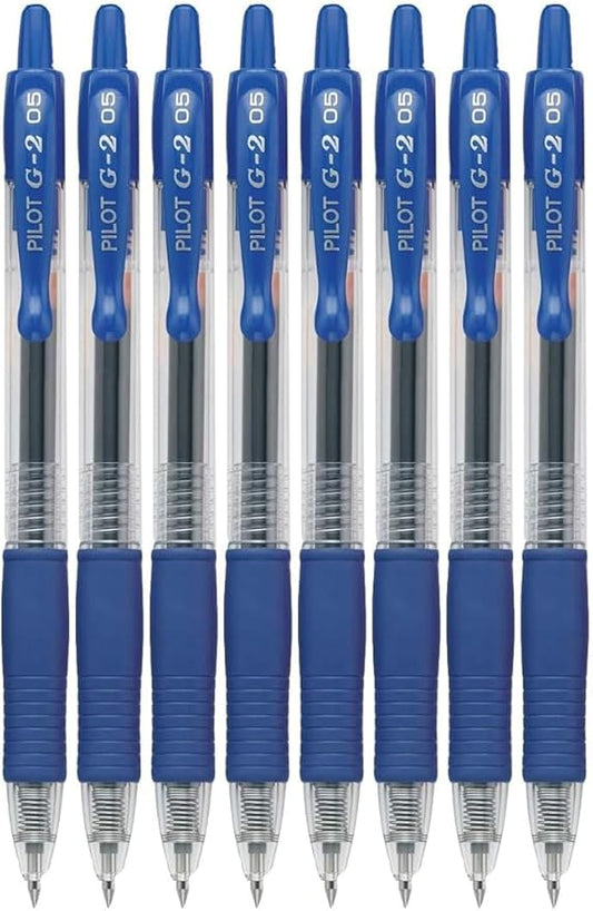G2 Retractable Premium Gel Ink Roller Ball Pens Extra Fine Point (.5mm) Blue Ink 8 pack; Refillable & Premium Comfort Grip Bundle with Plastic Reusable Pouch