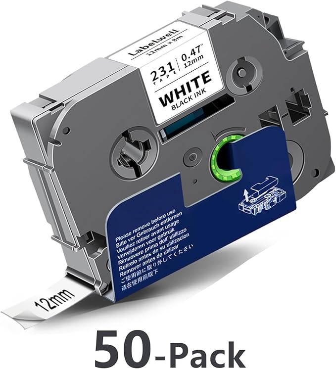 50-Pack TZe TZ Tape 12mm 0.47 Inch Laminated Black on White 1/2" Compatible for P Touch Label Tape Refills for Ptouch PT-P710BT H110 D210 D220 D400 D600 PTH110 Label Maker