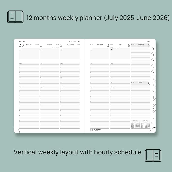 POPRUN Planner 2025-2026 (Medium - 6.5'' x 8.5'') Academic Weekly Calendar (July 2025 - June 2026) with Hourly Time Slots, Monthly Tabs, 100GSM Thick Papers, Leather Soft Cover - Green