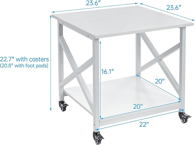 23.6 x 23.6 Inches Large Printer Stand, 2 Tier Square Printer Table with Storage Shelf for Home Office, Multi-use Rolling Cart with Wheels for Laser, 3D Printer and Mini Fridge - White