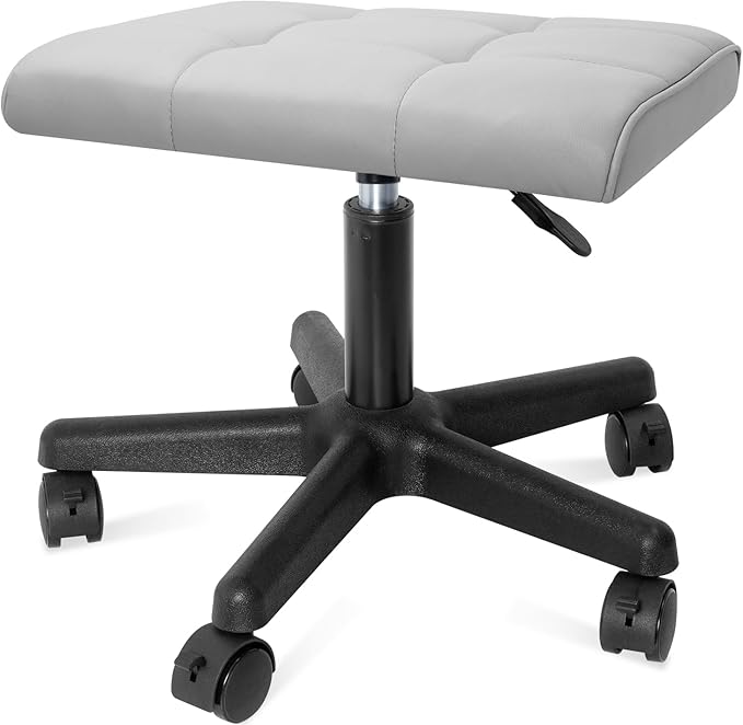 Footrest Under Desk Leg Rest Ottoman Adjustable Height Foot Stool with Wheels Leather Footrest Grey