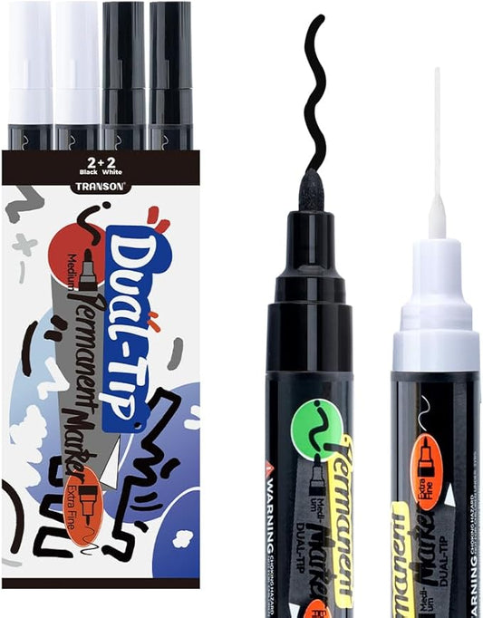 TRANSON 2 Black and 2 White Dual-tip Permanent Paint Markers Oil Based Waterproof