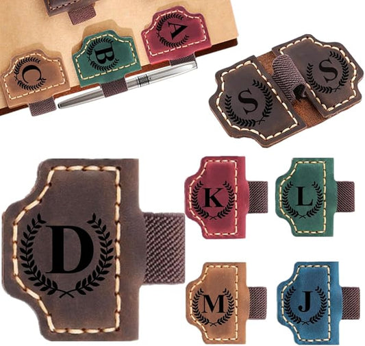 Custom Bookmark with Pen Holder with 26 Letters Personalized Magnetic Leather Book Mark, Customized Name Book Marker Clip with Initial for Men Women, Gifts for Book Lovers, Readers, (Coffee, D)