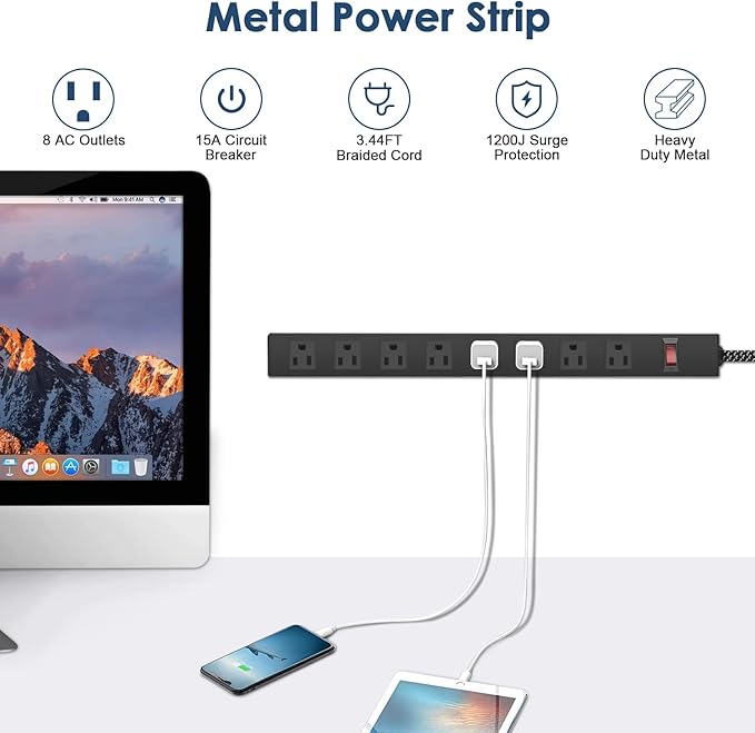 Metal 8 Outlet Mountable Power Strip with Switch,Wide Spaced Heavy Duty Wall Mount Power Strip Surge Protector 1200J,3FT 14AWG Braided Cord 15A 125V 1875W for Home Office Industrial Garage Commercial