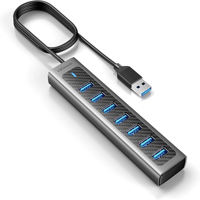 GM7U 7-Port USB 3.0 Hub, 3.3FT Long Cable, Aluminum, High-Speed, Multi Port Extender Hub, External Expansion Data Hub for PC Laptop, Desktop Computer, Older Mac, Black Grey