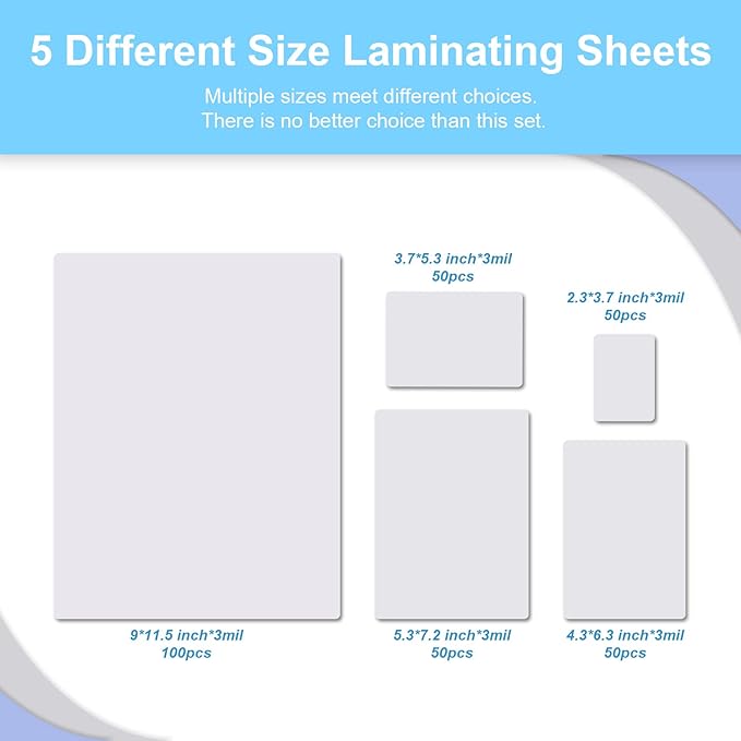 300 Pack 3 Mil Thermal Laminating Pouches, Plastic Laminating Sheets, 9 x 11.5 Inch, 5 x 7 Inch, 4 x 6 Inch, 3.7 x 5.3 Inch, 2.2 x 3.7 Inch for Letter, Photo, Note, ID Badge and Business Card Sizes