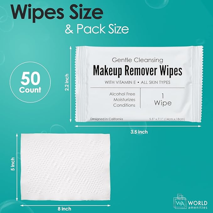 Bulk Makeup Remover Wipes | 50 Count | Individually Wrapped, Gentle Cleansing, Alcohol Free - All Skin Types - Vitamin E - 100% Recyclable, Hotel Travel Size Toiletries
