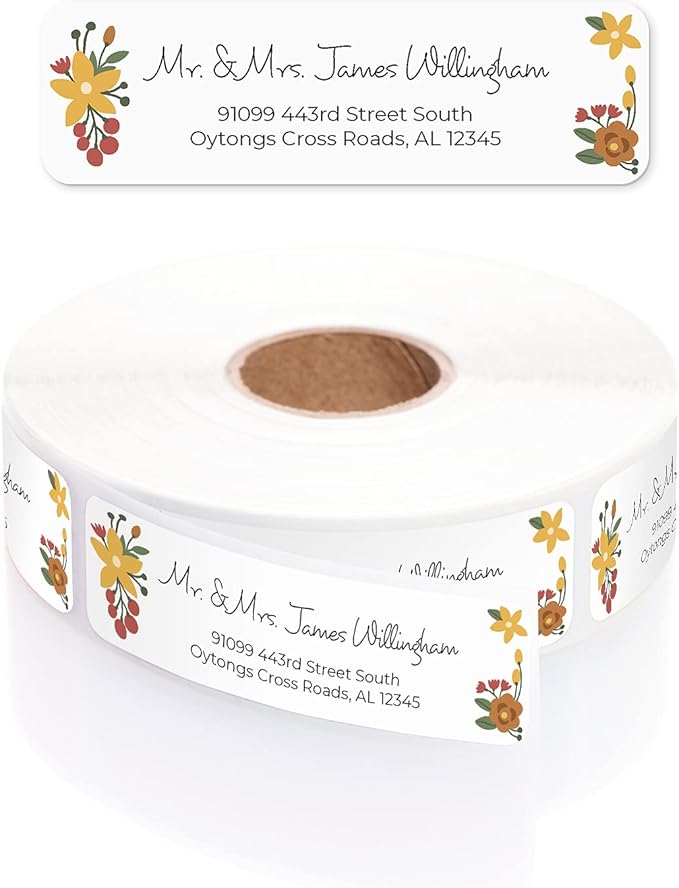 Retro Floral Rolled Address Labels/Roll of 250 Personalized Return Address Labels/Designer Return Address Stickers in Elegant Plastic Dispenser