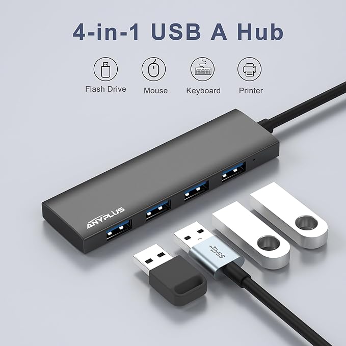 USB Hub, USB 3.0 Hub Aluminum Alloy Ultra Slim USB Splitter, Portable 4 Port USB Extender, USB Hub for Laptop, PC, MacBook, iMac, Surface Pro, Mac Pro, Flash Drive, XPS 【Black】