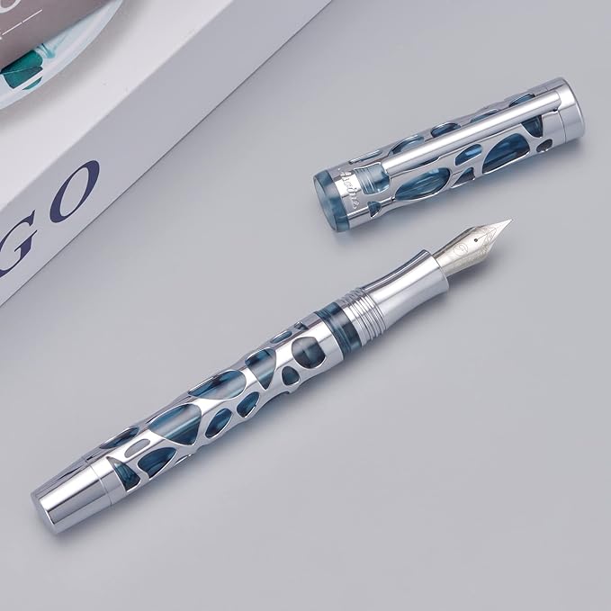 Asvine V169 Vacuum Filling Fountain Pen Extra Fine Nib, Water Drop Skeleton Transparent Gray Blue Acrylic Pen Case Set