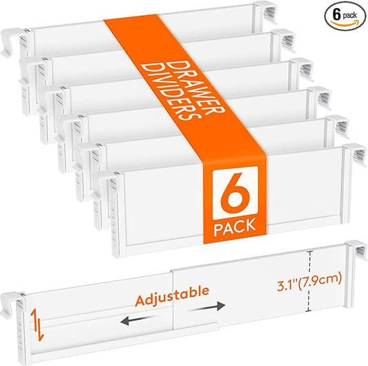 Lifewit Hanging Kitchen Drawer Dividers 3.1" High, 10-17" Adjustable Drawer Organizers for Utensils, Expandable Dresser Separators in Kitchen/Bedroom/Bathroom/Vanity/Office, White(6 Pack)